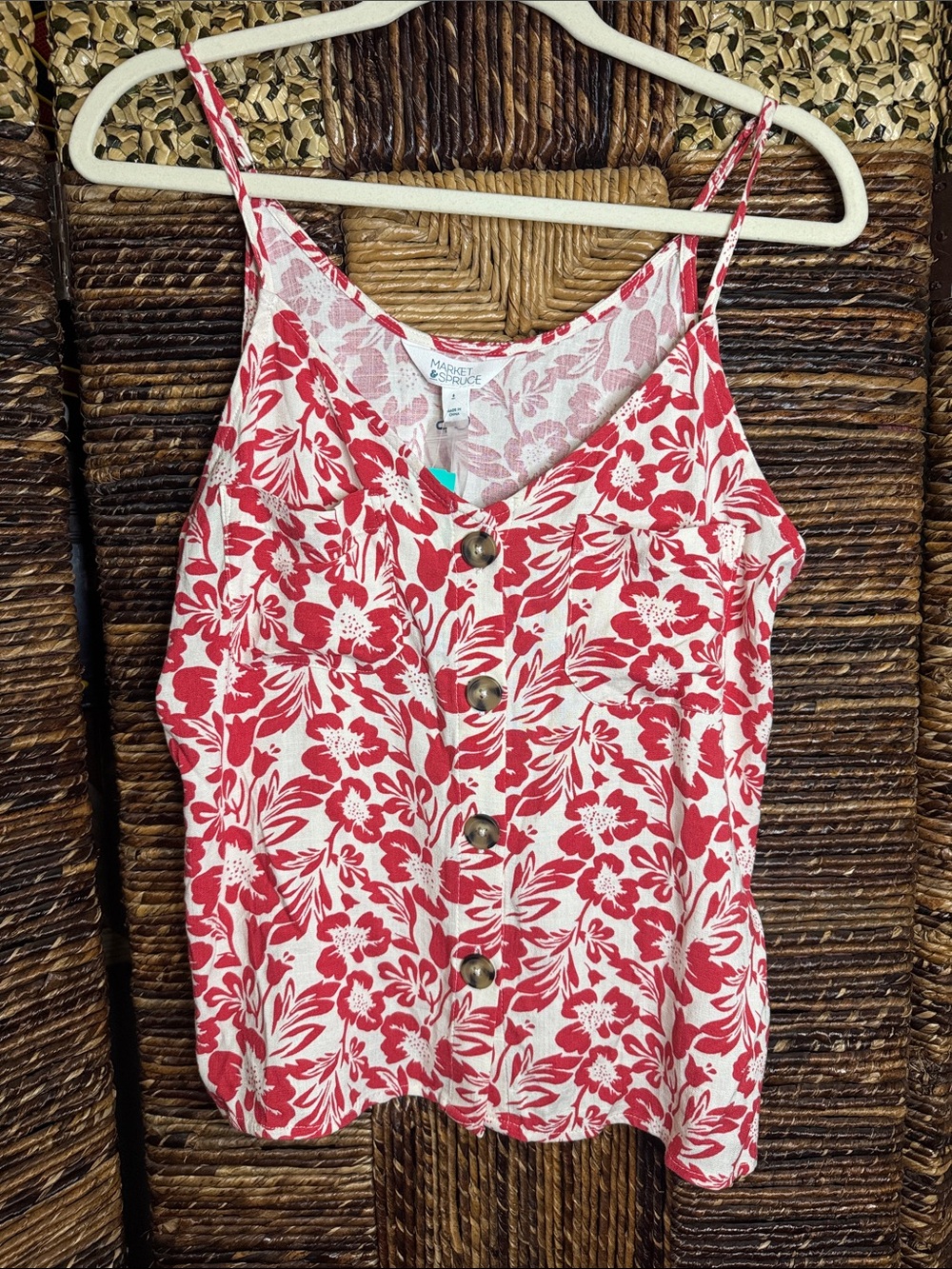 Market & Spruce Cream and Red Floral Button-Front Camisole
